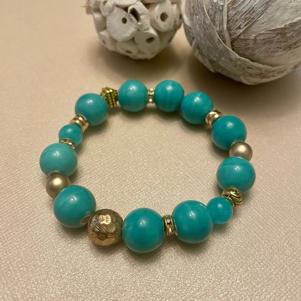Blue Stretch Quartz Bracelet 14mm and 8mm quartz beads, gold details, turquoise